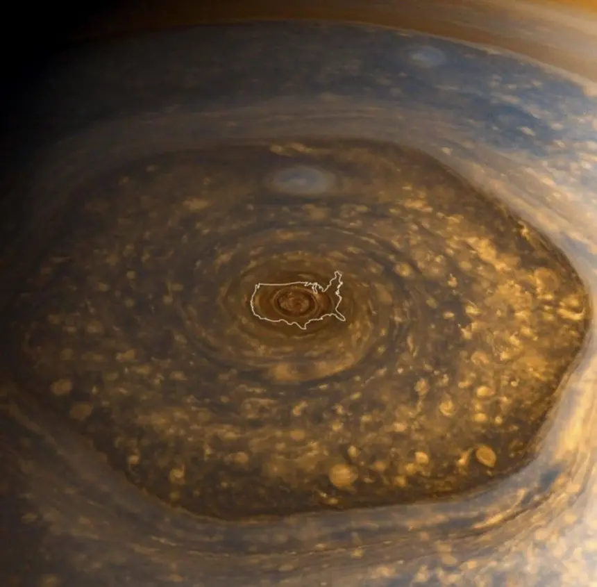 To give you an idea of just how large Saturn’s “hexagon” storm is